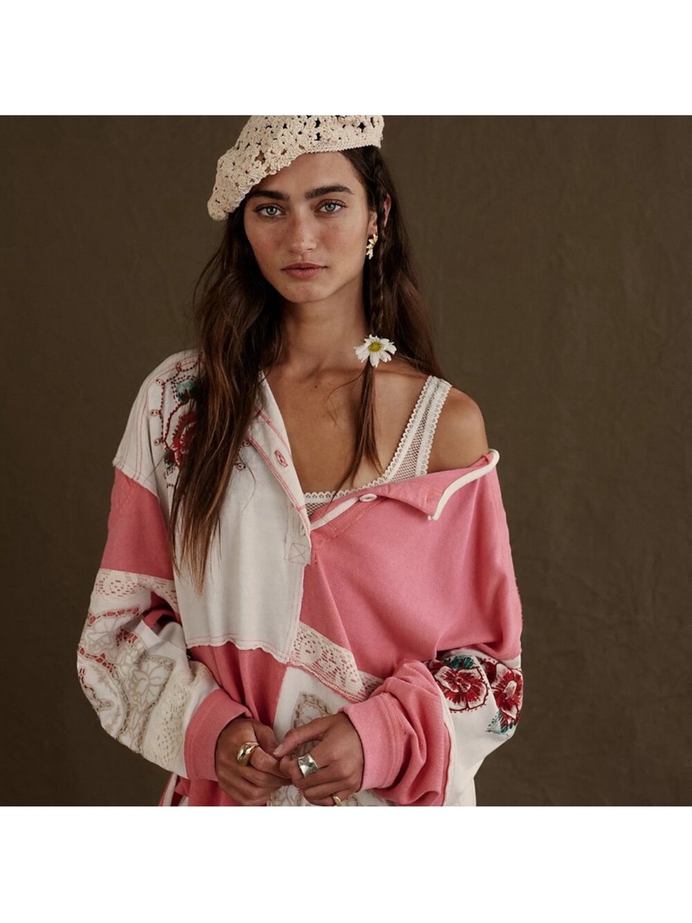 We The Free Pink and White Patchwork Button-Front Top